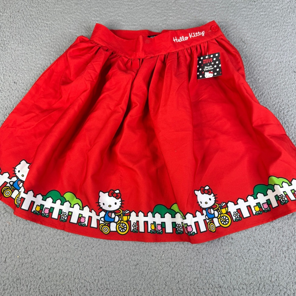 Smak Parlour Skirt Girls M Red Hello Kitty Picket Fence Border Print Flared NWT
